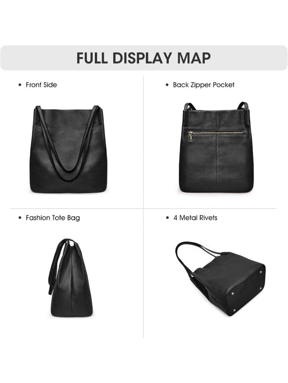 Women's Black Genuine Leather Shoulder Bag With 5 pockets and Top Magnetic - Picture 6 of 6